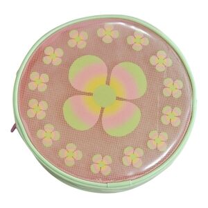 Vintage New Clinique Round Flower Makeup Toiletry Jewelry Bag Green Pink Floral